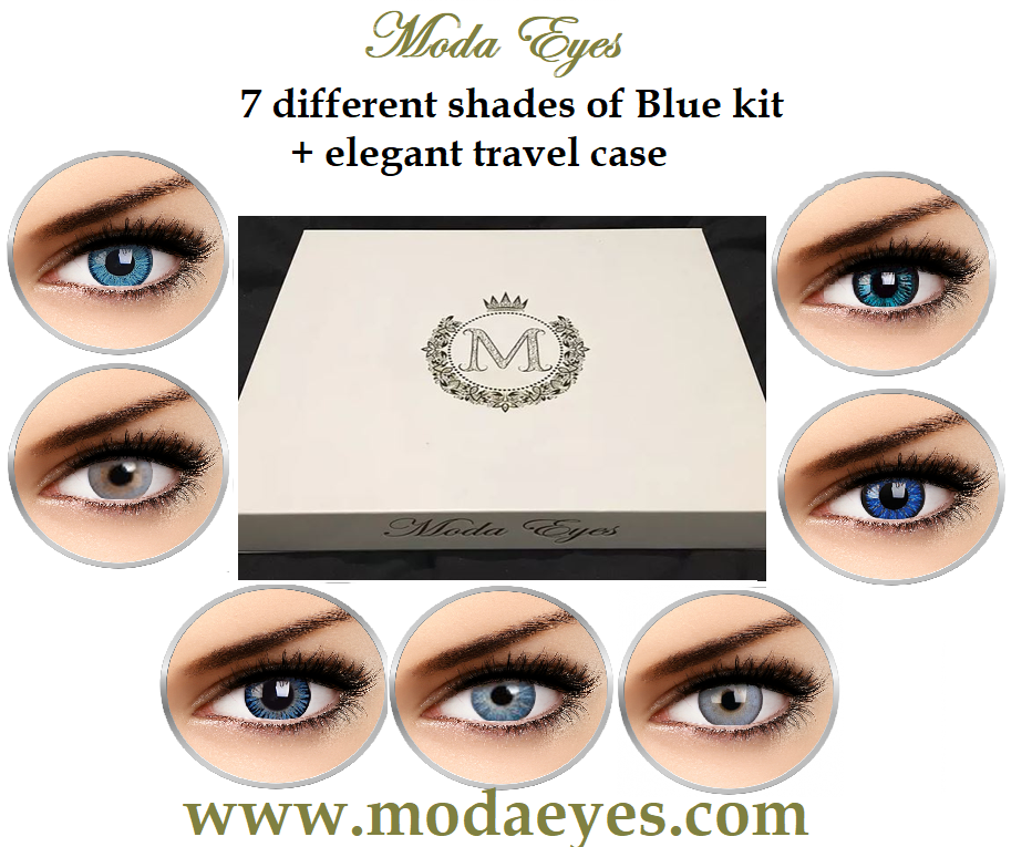 7 pair Blue Colored Contact lenses gift pack  (21 month wear) + lenses travel kit + drawstring bag.