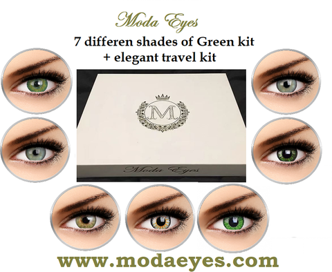 7 pair Green Colored Contact lenses gift pack(21 months use) + lenses travel kit + drawstring bag.
